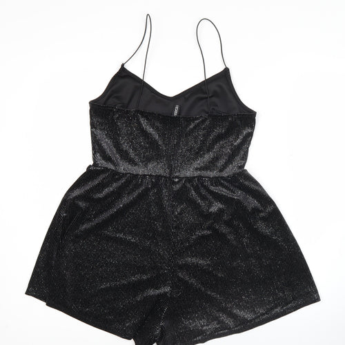 H&M Divided Women Black Shiny Velvet Playsuit Size S Sleeveless V-Neck