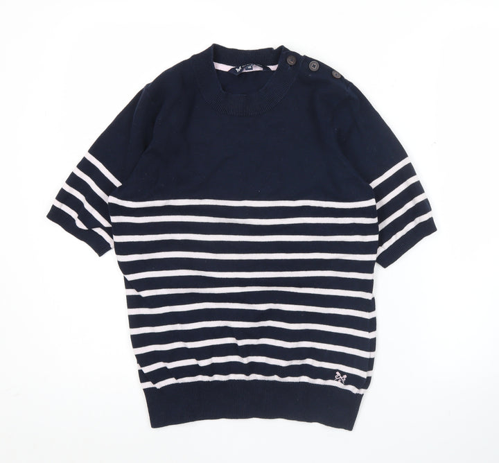 Crew Clothing Women Blue Striped Cotton Jumper Size 10 Short Sleeve