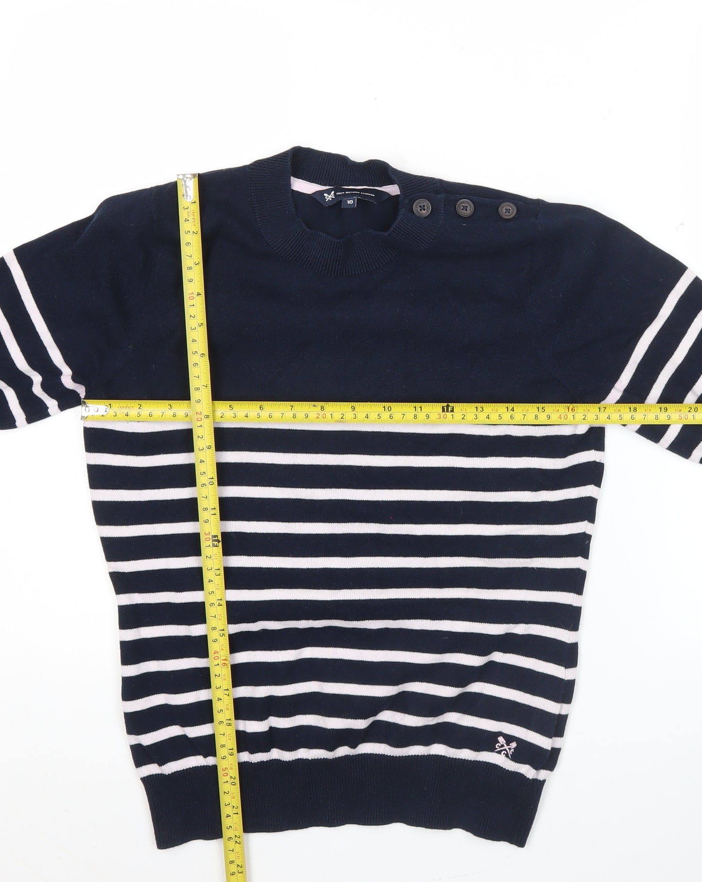 Crew Clothing Women Blue Striped Cotton Jumper Size 10 Short Sleeve