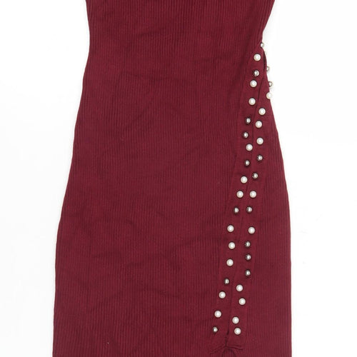Voyelles Women's Red Bodycon Midi Dress Small Sleeveless Beaded Partywear