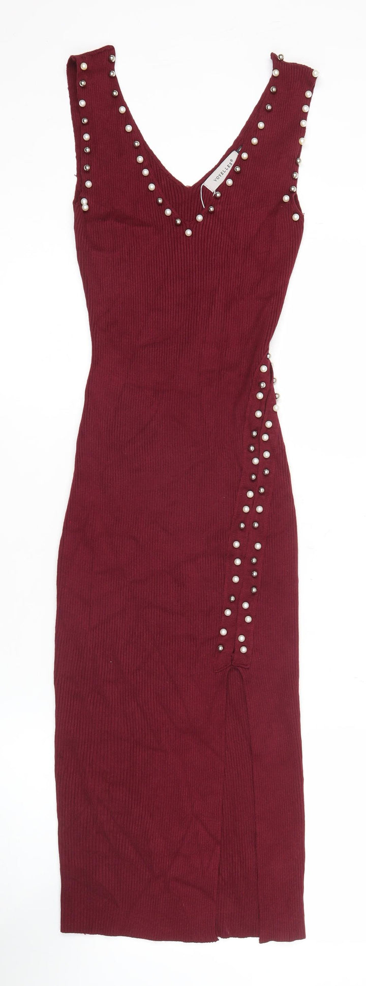 Voyelles Women's Red Bodycon Midi Dress Small Sleeveless Beaded Partywear