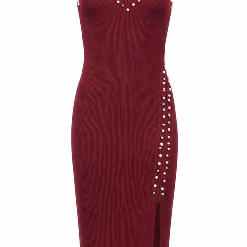 Voyelles Women's Red Bodycon Midi Dress Small Sleeveless Beaded Partywear