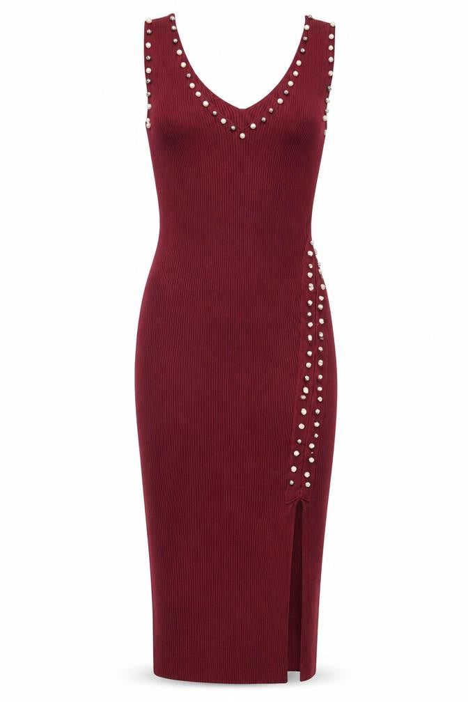 Voyelles Women's Red Bodycon Midi Dress Small Sleeveless Beaded Partywear