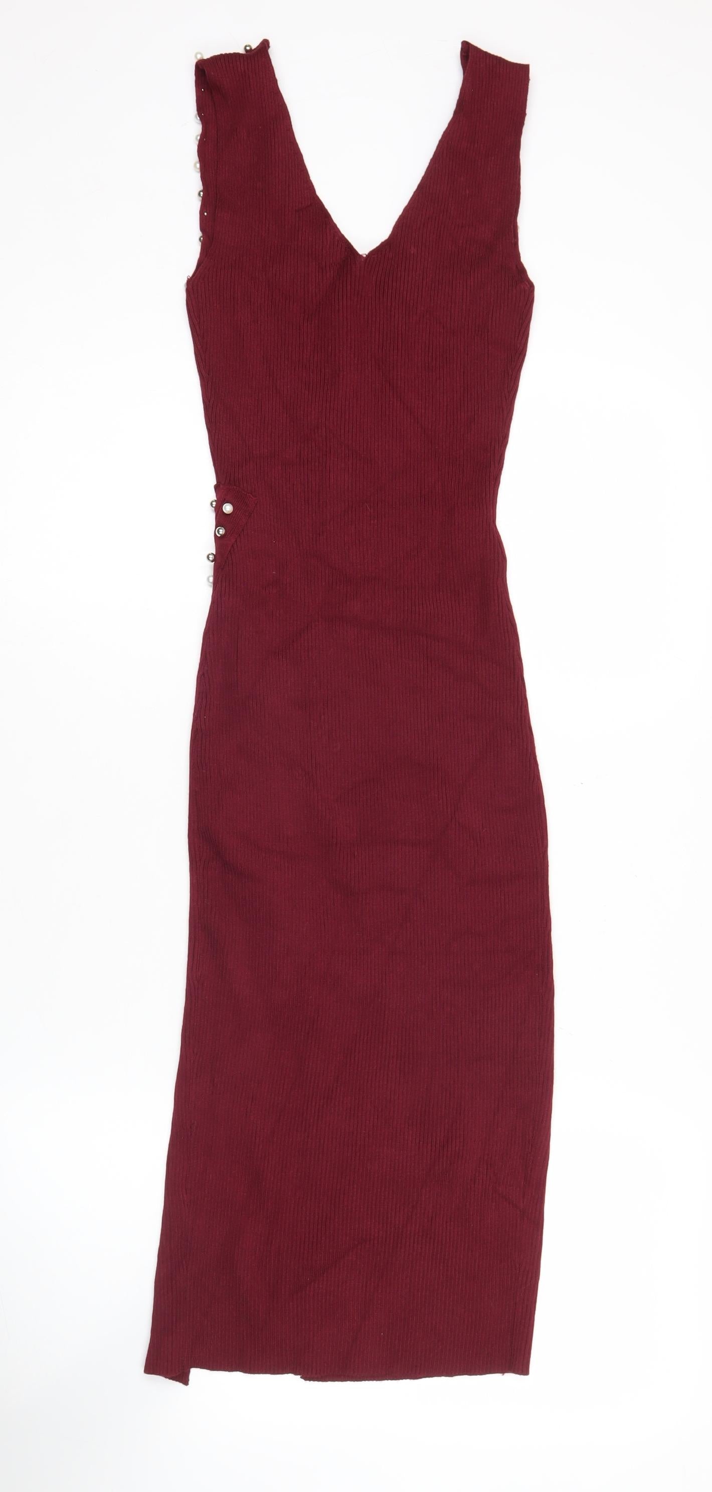 Voyelles Women's Red Bodycon Midi Dress Small Sleeveless Beaded Partywear