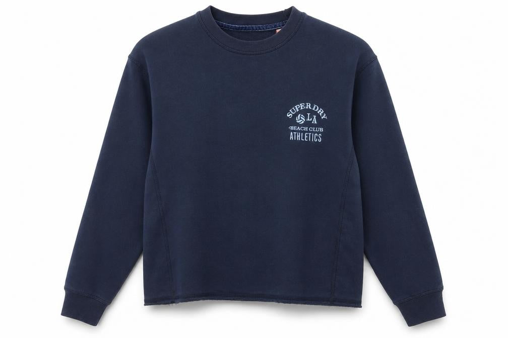Front view of Superdry women’s blue pullover sweatshirt medium crew neck athletic logo