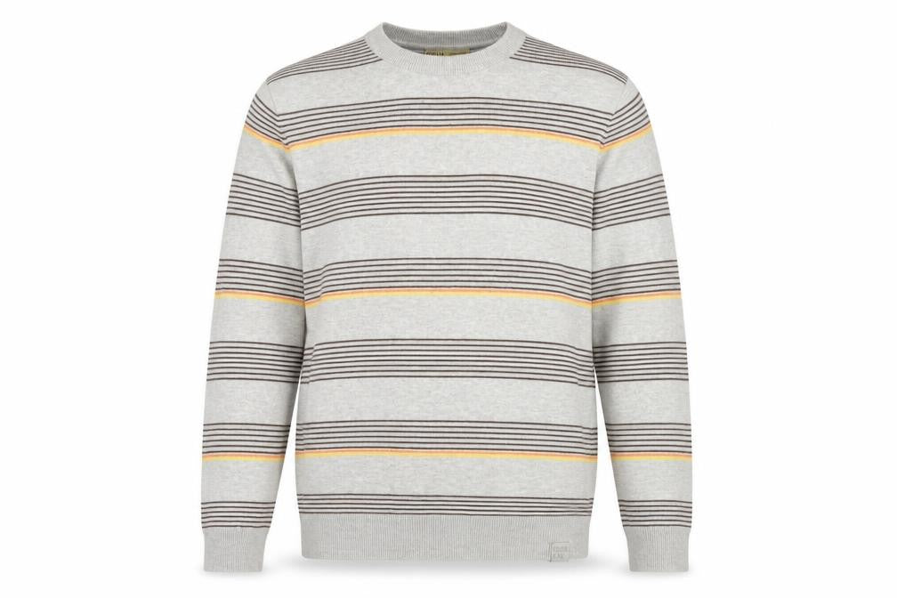 Front view of SoulCal Men’s Grey Striped Crew Neck jumper, size L