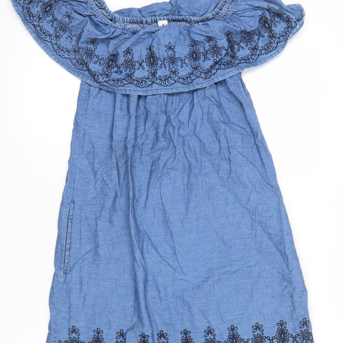 Women’s Blue Cotton Off Shoulder Embroidered Dress Size 8