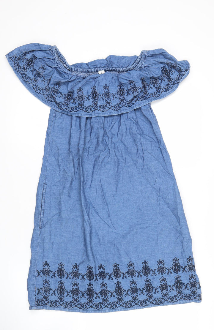 Women’s Blue Cotton Off Shoulder Embroidered Dress Size 8