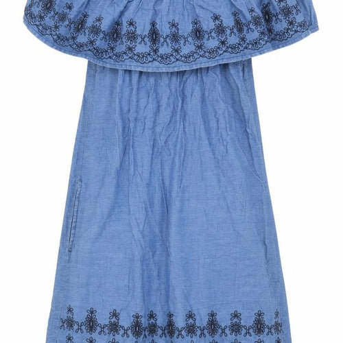 Women’s Blue Cotton Off Shoulder Embroidered Dress Size 8