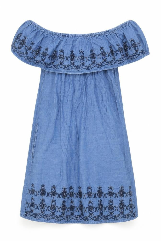 Women’s Blue Cotton Off Shoulder Embroidered Dress Size 8