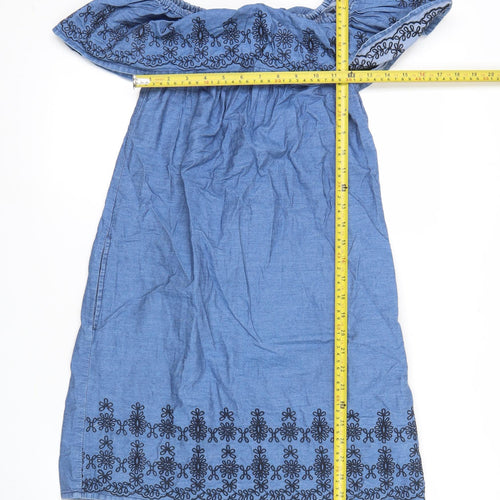 Women’s Blue Cotton Off Shoulder Embroidered Dress Size 8