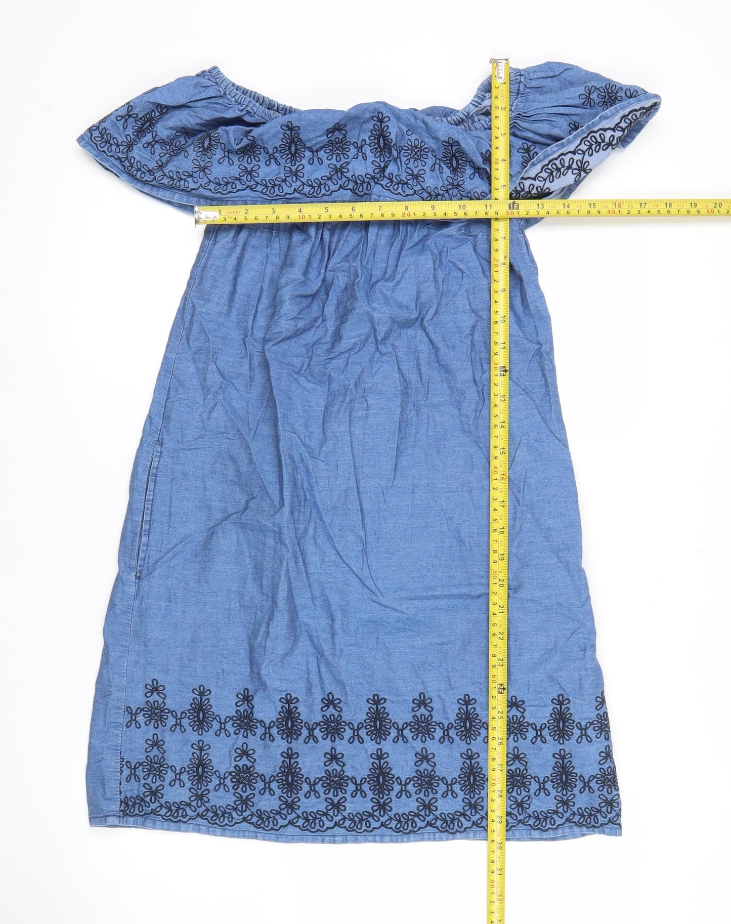 Women’s Blue Cotton Off Shoulder Embroidered Dress Size 8