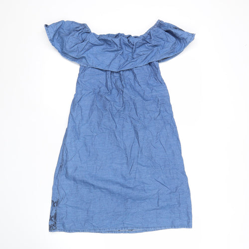 Women’s Blue Cotton Off Shoulder Embroidered Dress Size 8