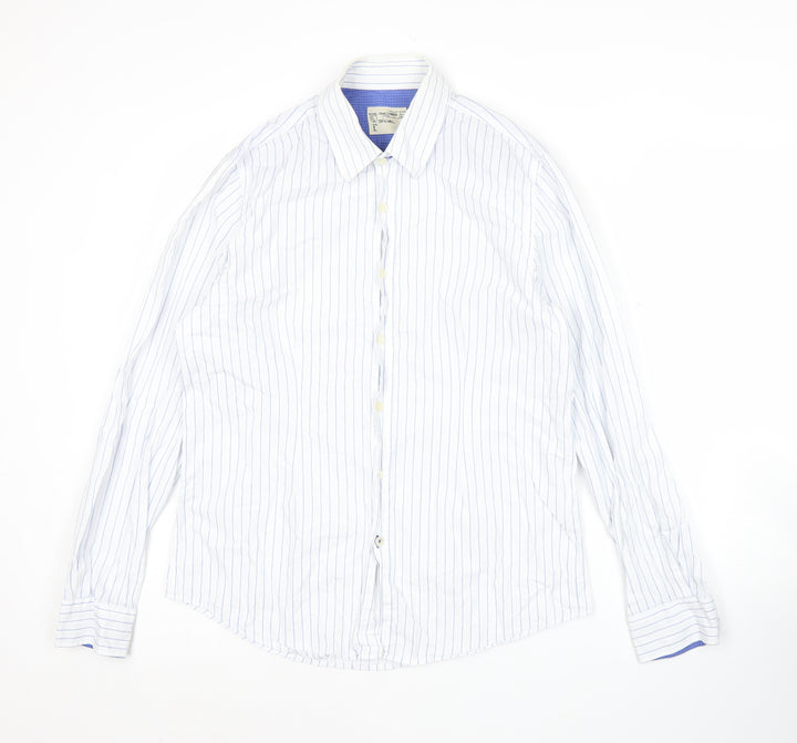 XDYE Men’s White Striped Button-Up Shirt L Long Sleeve Cotton
