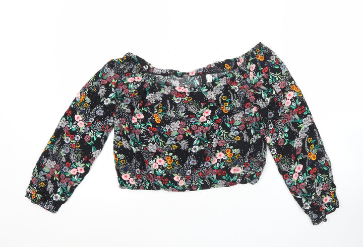 H&M Women’s Multicoloured Floral Off Shoulder Cropped Blouse Size 10