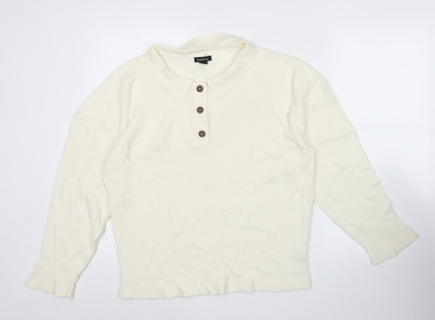 boohoo Womens Ivory Collared Henley Jumper Size S Long Sleeve Knit