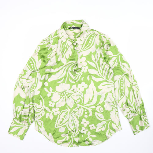 Zara Womens Green Floral Satin Button-Up Shirt XS Long Sleeve