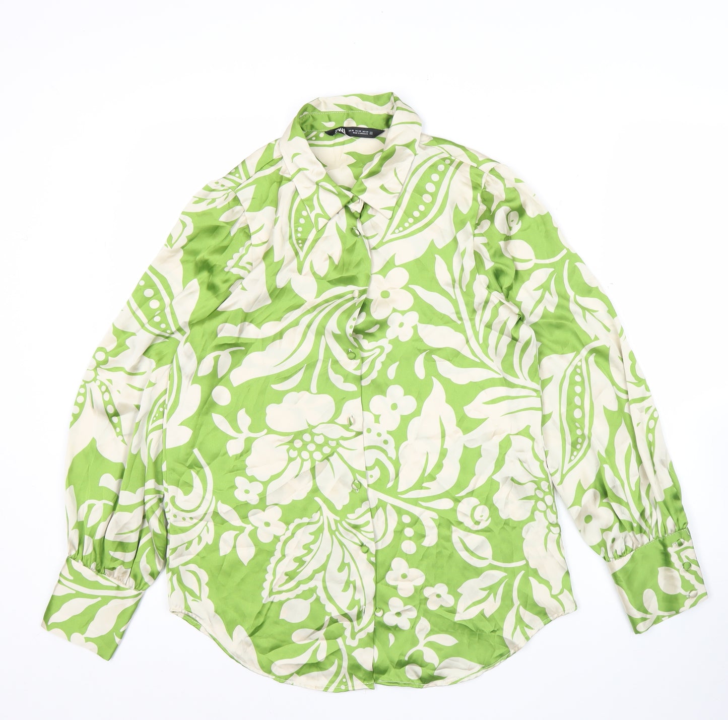 Zara Womens Green Floral Satin Button-Up Shirt XS Long Sleeve