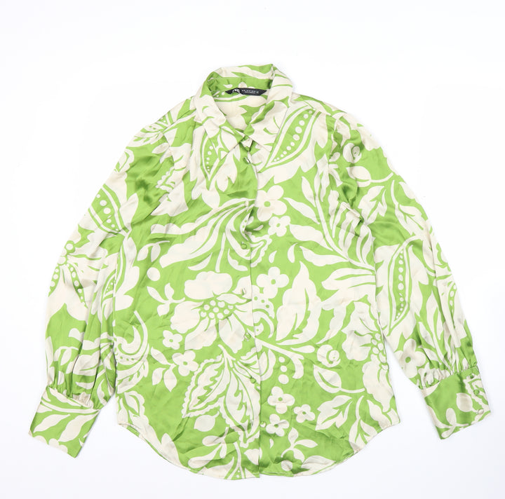 Zara Womens Green Floral Satin Button-Up Shirt XS Long Sleeve