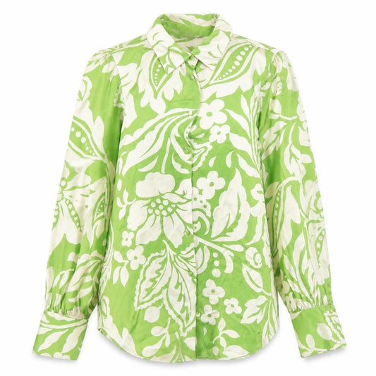 Front view of Zara women’s green floral satin button-up shirt xs long sleeve