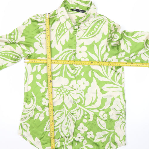 Zara Womens Green Floral Satin Button-Up Shirt XS Long Sleeve