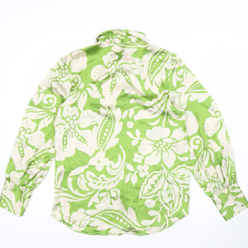 Zara Womens Green Floral Satin Button-Up Shirt XS Long Sleeve