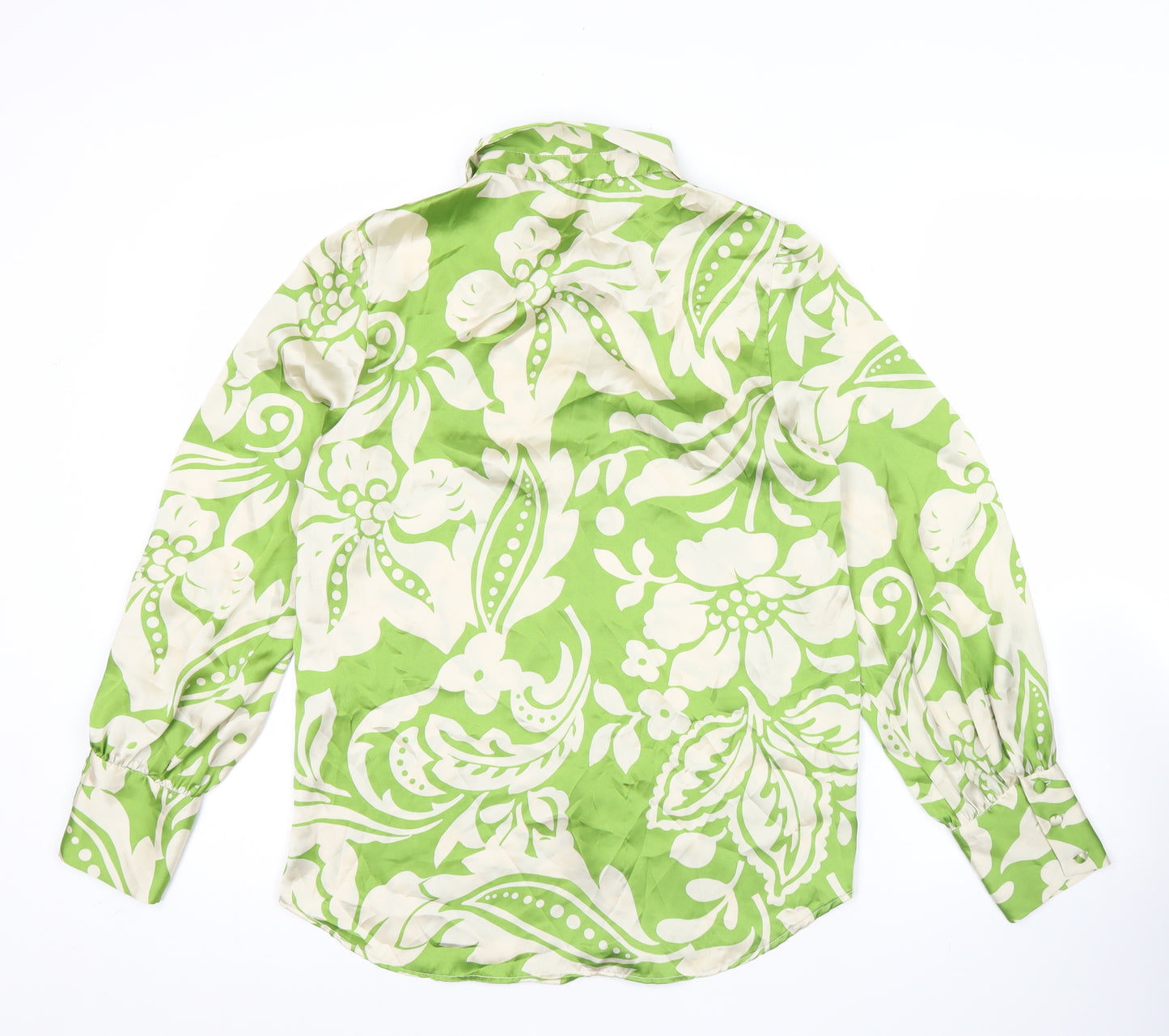 Zara Womens Green Floral Satin Button-Up Shirt XS Long Sleeve