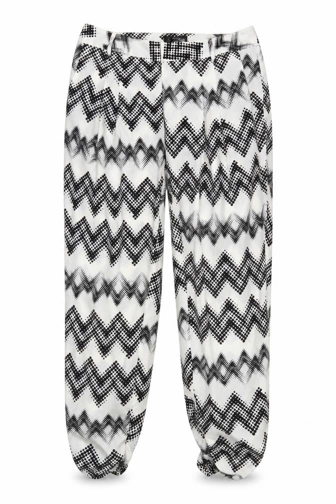 Front view of Laura Scott women’s black white geometric harem trousers, size UK 12