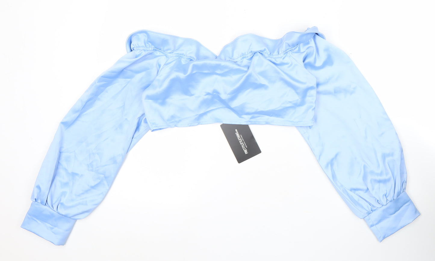 PrettyLittleThing Women Blue Size 14 Satin Off Shoulder Cropped Blouse