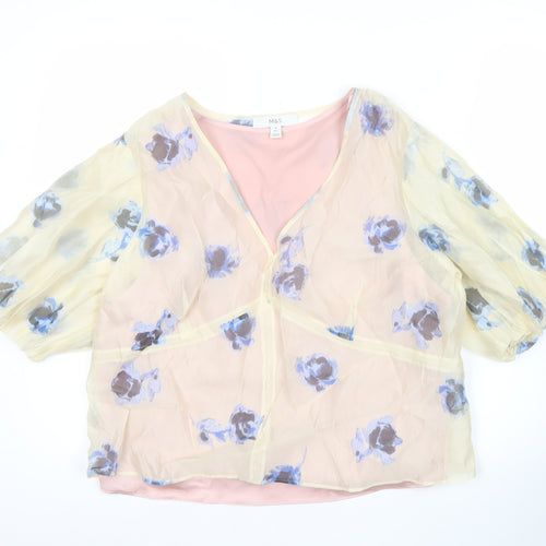 Marks and Spencer Women's Pink Floral Blouse Size 16 Puff Sleeve Chiffon