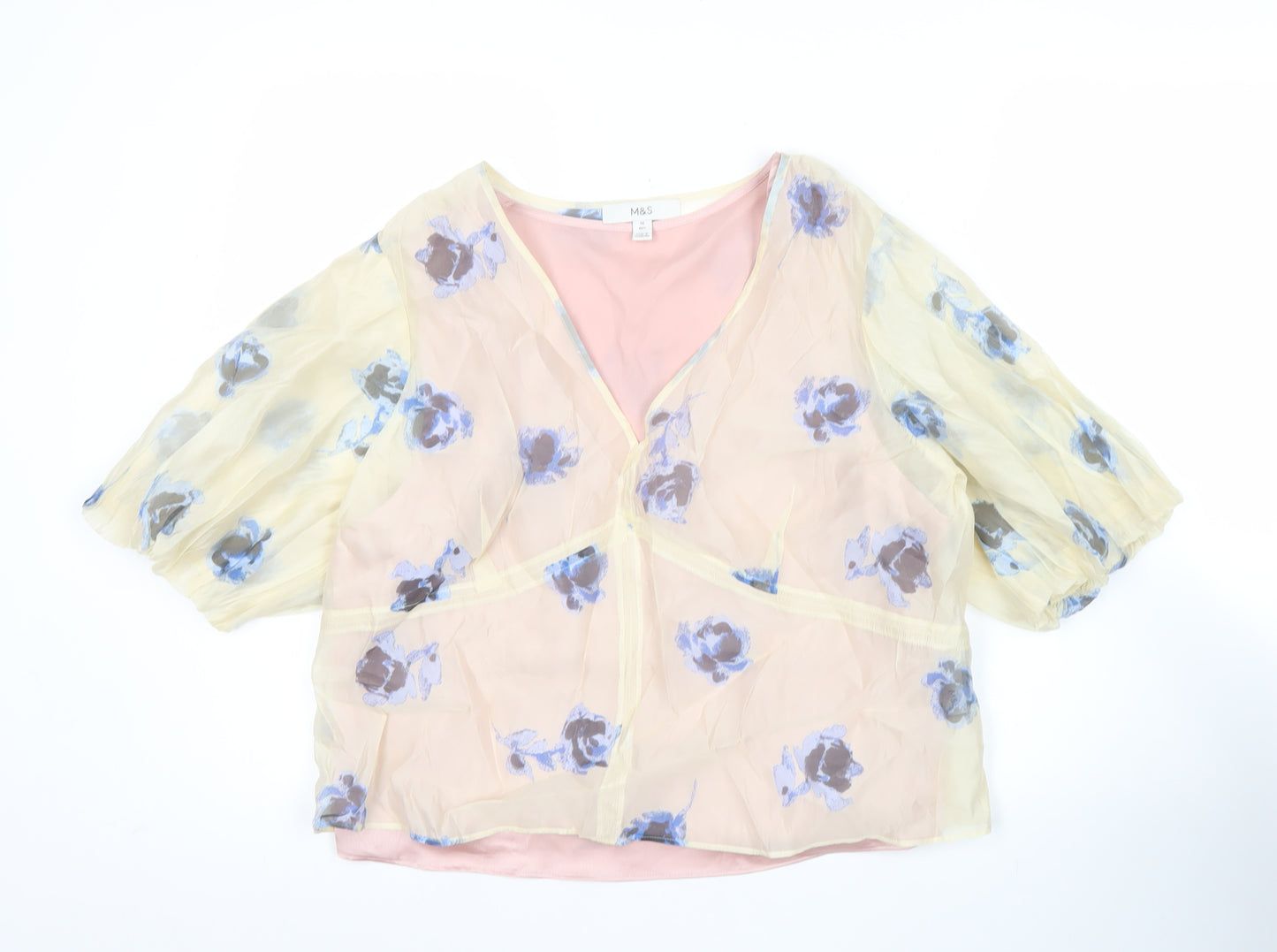 Marks and Spencer Women's Pink Floral Blouse Size 16 Puff Sleeve Chiffon
