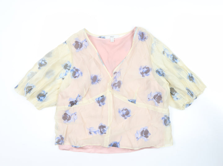 Marks and Spencer Women's Pink Floral Blouse Size 16 Puff Sleeve Chiffon