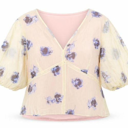 Marks and Spencer Women's Pink Floral Blouse Size 16 Puff Sleeve Chiffon