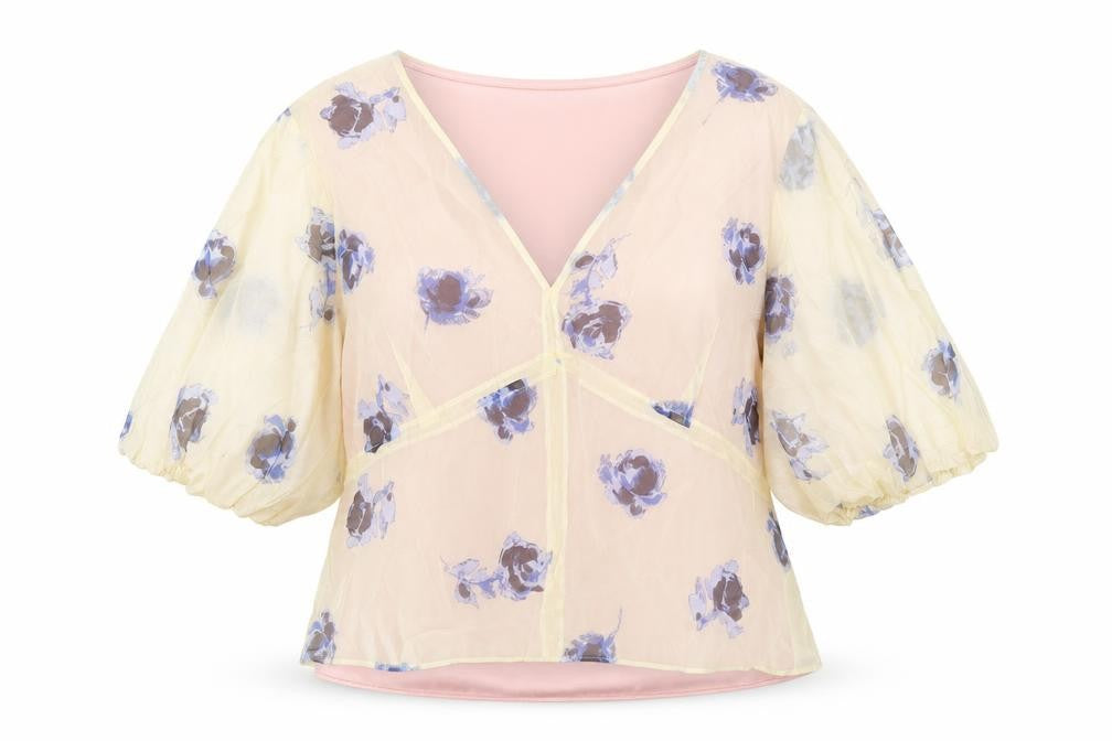 Marks and Spencer Women's Pink Floral Blouse Size 16 Puff Sleeve Chiffon