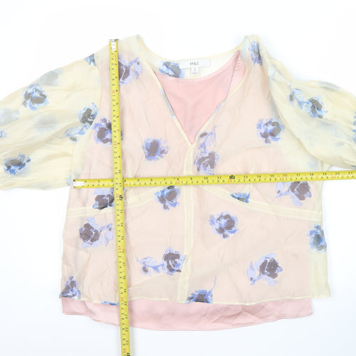 Marks and Spencer Women's Pink Floral Blouse Size 16 Puff Sleeve Chiffon