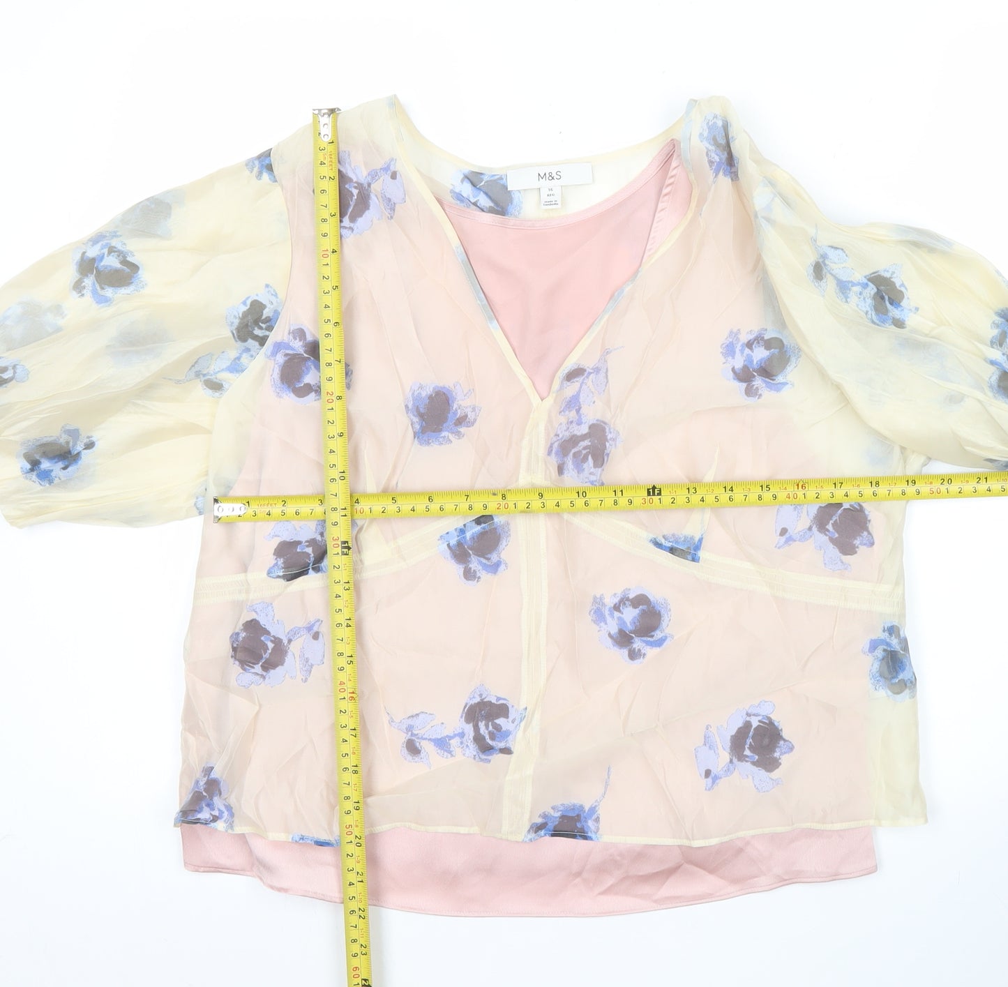 Marks and Spencer Women's Pink Floral Blouse Size 16 Puff Sleeve Chiffon