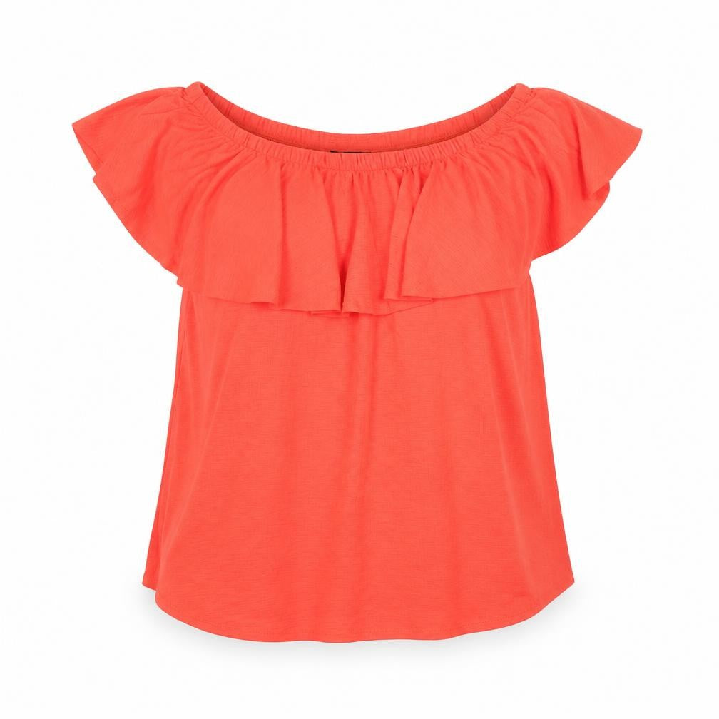 Front view of Roman Women’s Orange Off Shoulder Ruffle Blouse, size UK 10