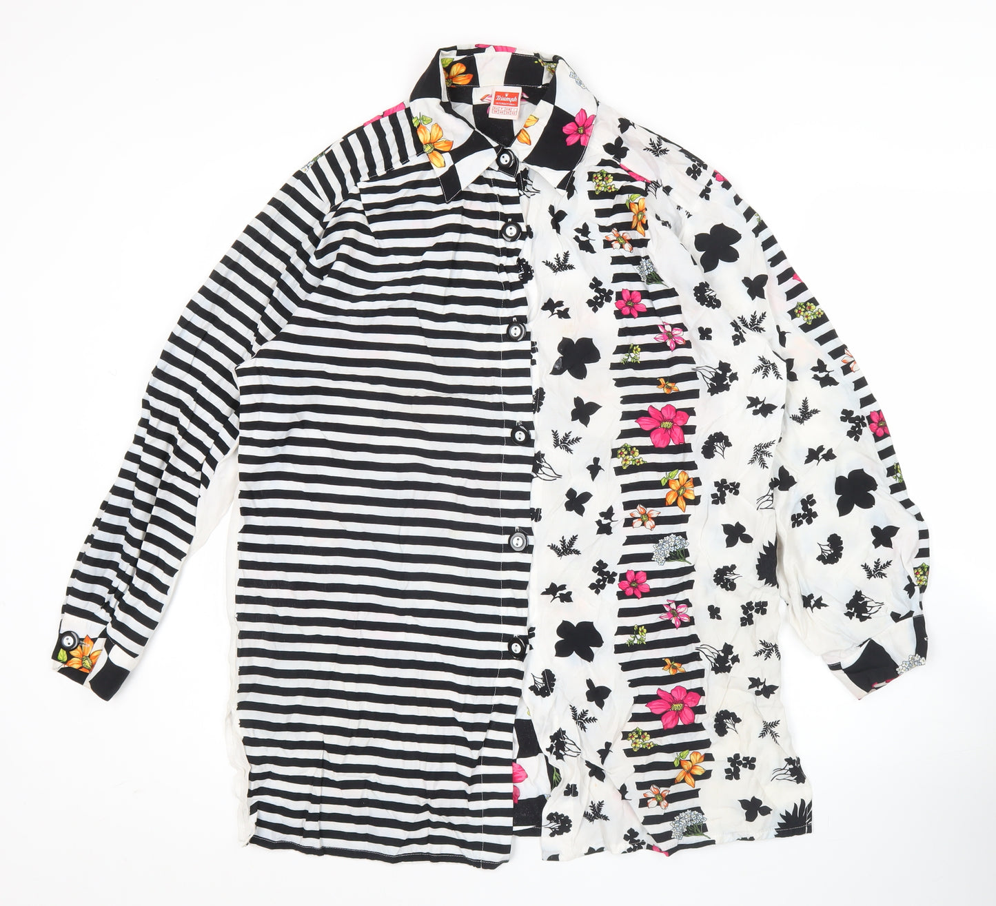 Triumph International Womens Black White Pink Floral Stripe Button Up Shirt Size 10