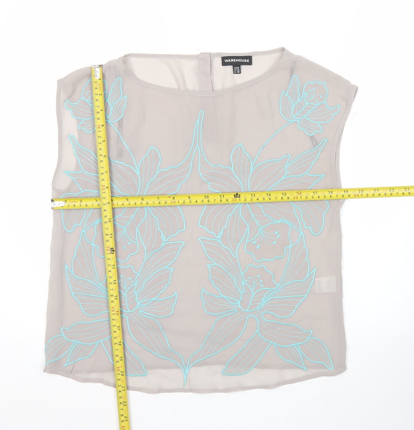 Warehouse Women’s Beige Floral Embroidered Sleeveless Blouse Size 10