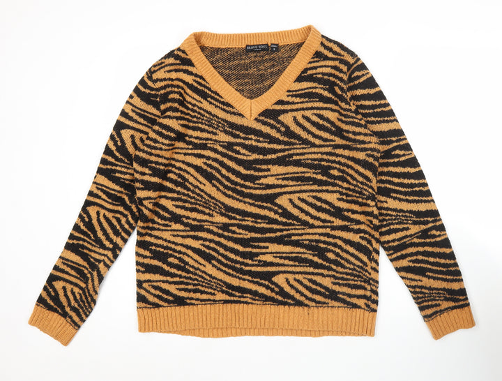 Brave Soul Womens Brown Zebra V-Neck Jumper Size S