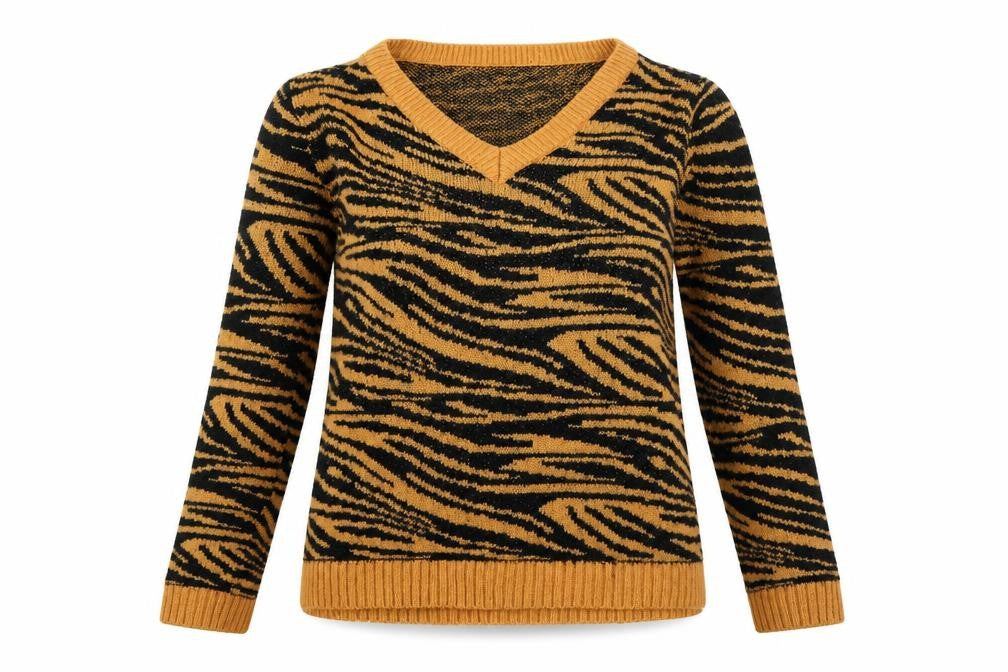 Front view of Brave Soul women’s brown zebra v-neck jumper, size S