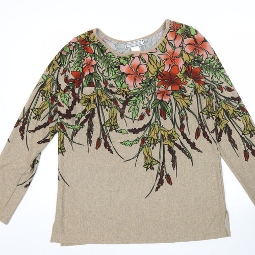 Simonton Says Womens Beige Floral Pullover Jumper M Scoop Neck Long Sleeve
