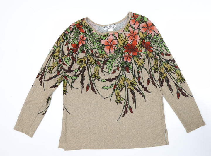 Simonton Says Womens Beige Floral Pullover Jumper M Scoop Neck Long Sleeve