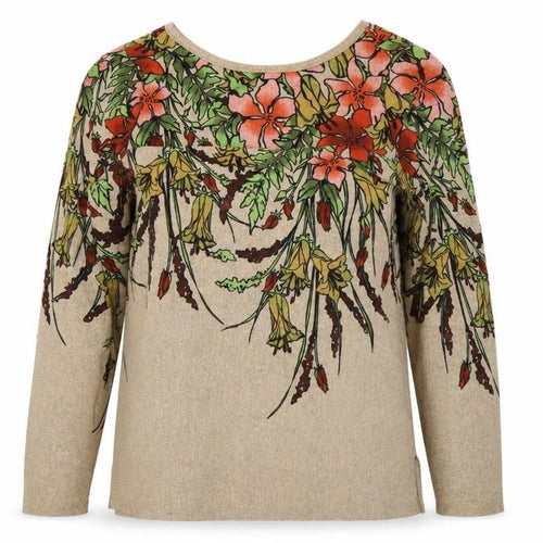 Simonton Says Womens Beige Floral Pullover Jumper M Scoop Neck Long Sleeve
