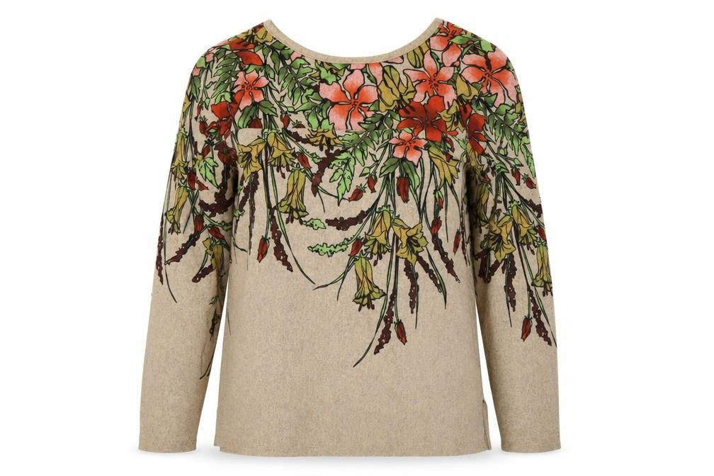 Simonton Says Womens Beige Floral Pullover Jumper M Scoop Neck Long Sleeve