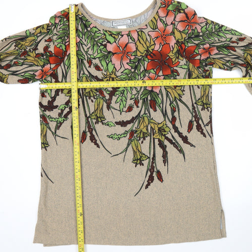 Simonton Says Womens Beige Floral Pullover Jumper M Scoop Neck Long Sleeve