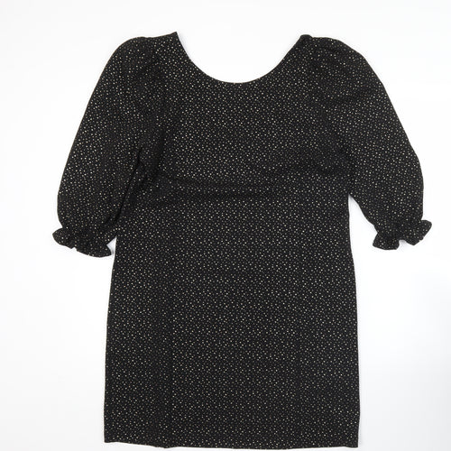 Monki Women Black Polka Dot Shift Dress Size 12 3/4 Sleeve Scoop Neck