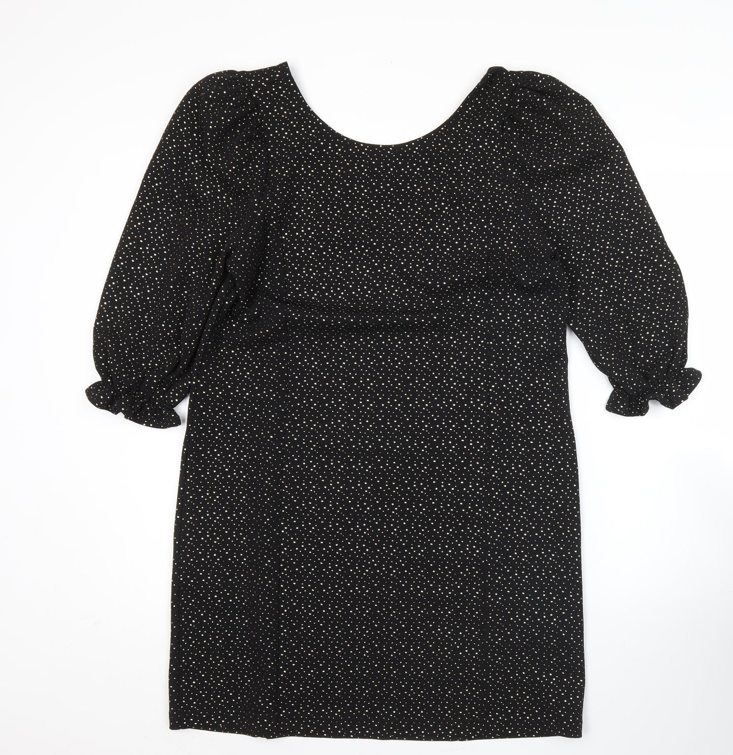 Monki Women Black Polka Dot Shift Dress Size 12 3/4 Sleeve Scoop Neck