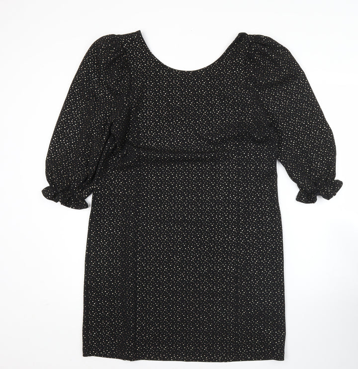 Monki Women Black Polka Dot Shift Dress Size 12 3/4 Sleeve Scoop Neck
