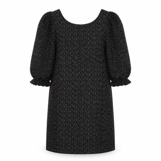 Front view of Monki Women Black Polka Dot Shift Dress, size 12, 3/4 Sleeve Scoop Neck